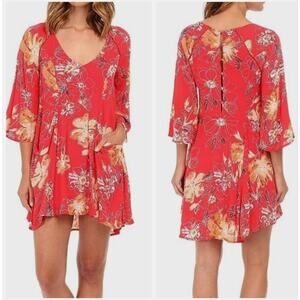 Free People Eyes On You Mini Dress Women 6 Red Floral Poppy Combo Flowy Boho